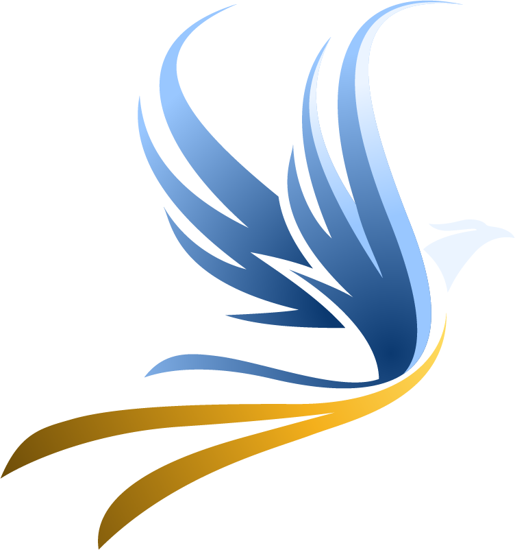 Blue and gold stylized bird in flight.
