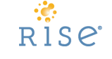 Logo for Rise, a company, with blue text and a cluster of yellow orbs above.