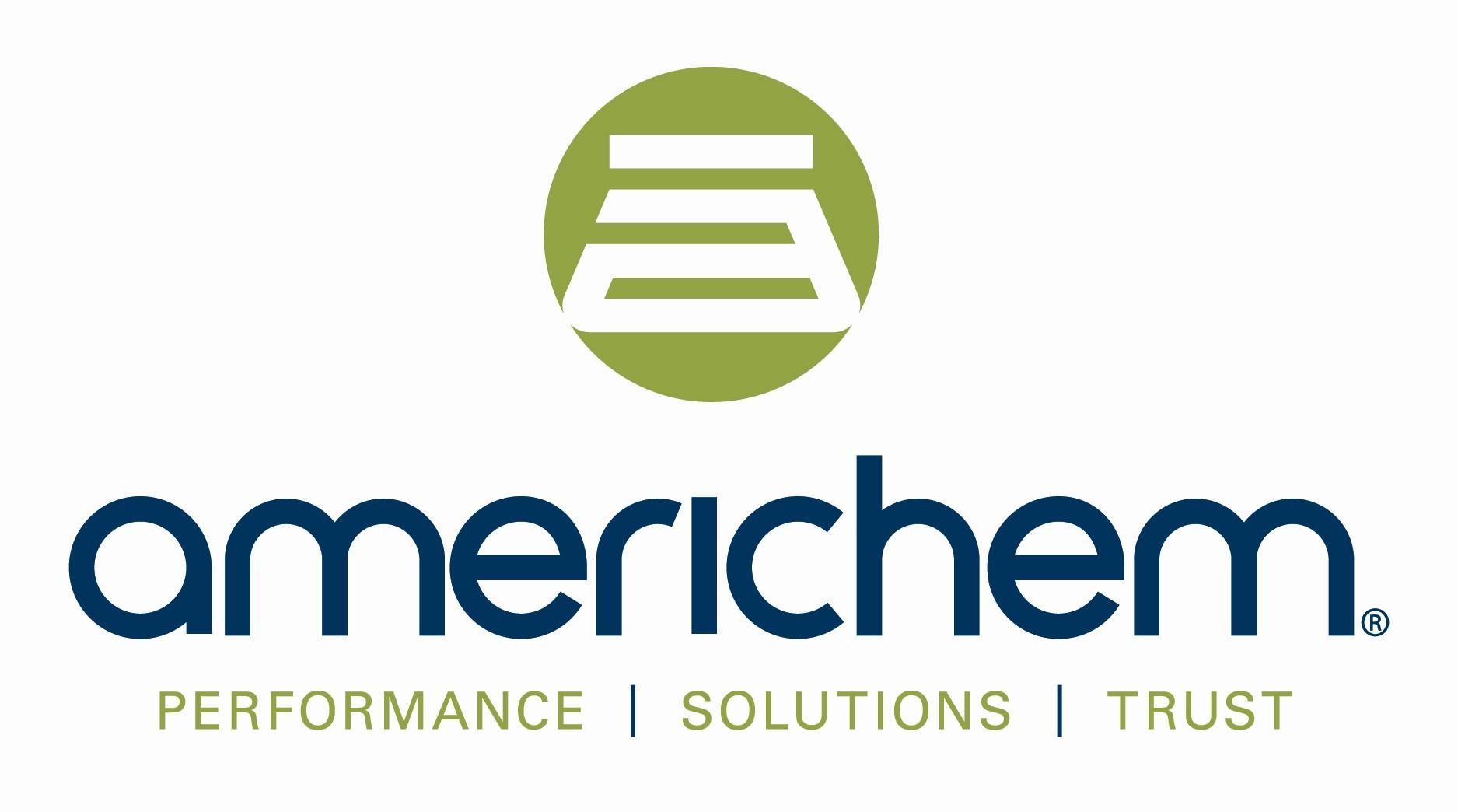 Americhem logo: green and white geometric shape above the company name in blue, with tagline