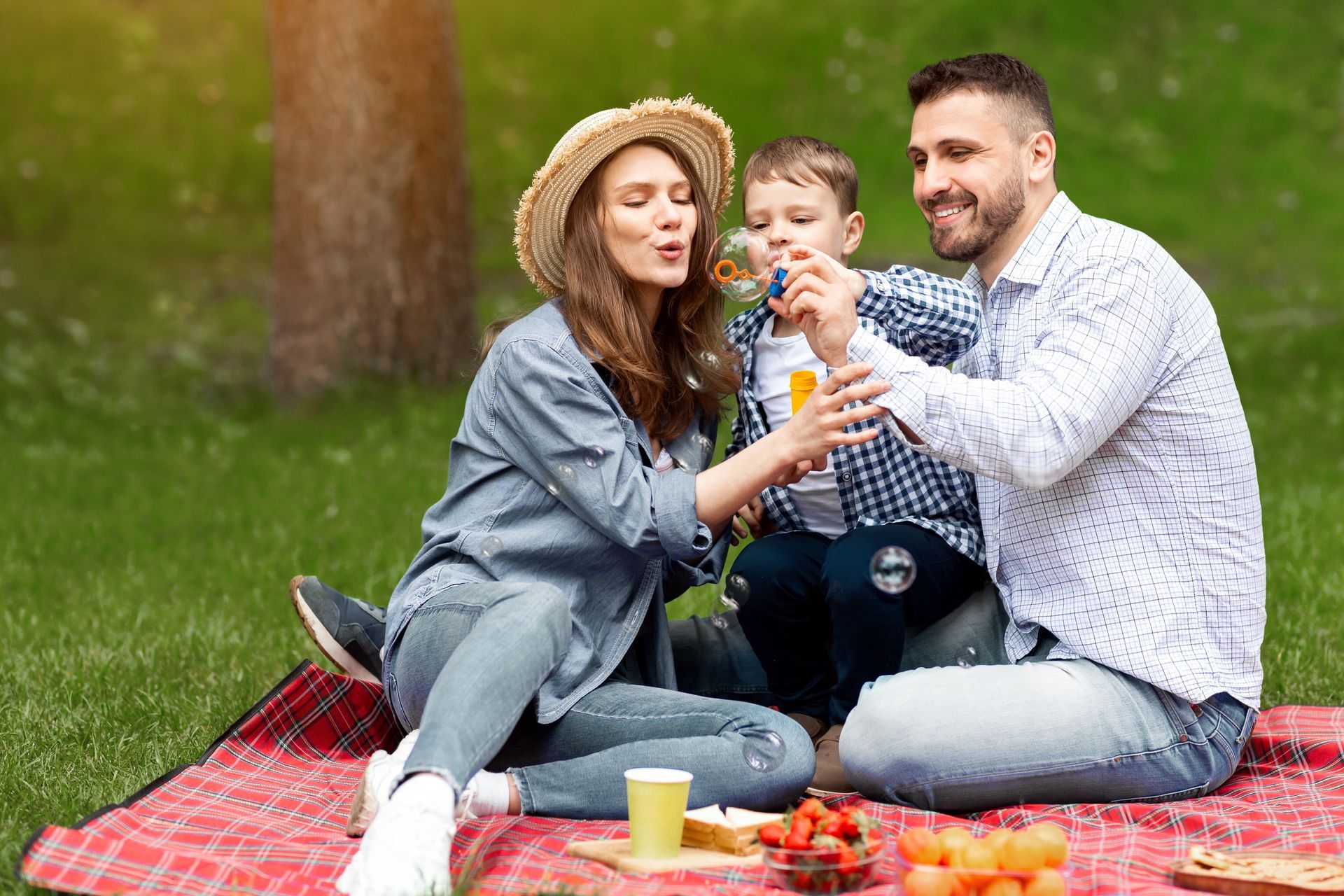 Family on a picnic blowing bubbles on a blanket in the park.
