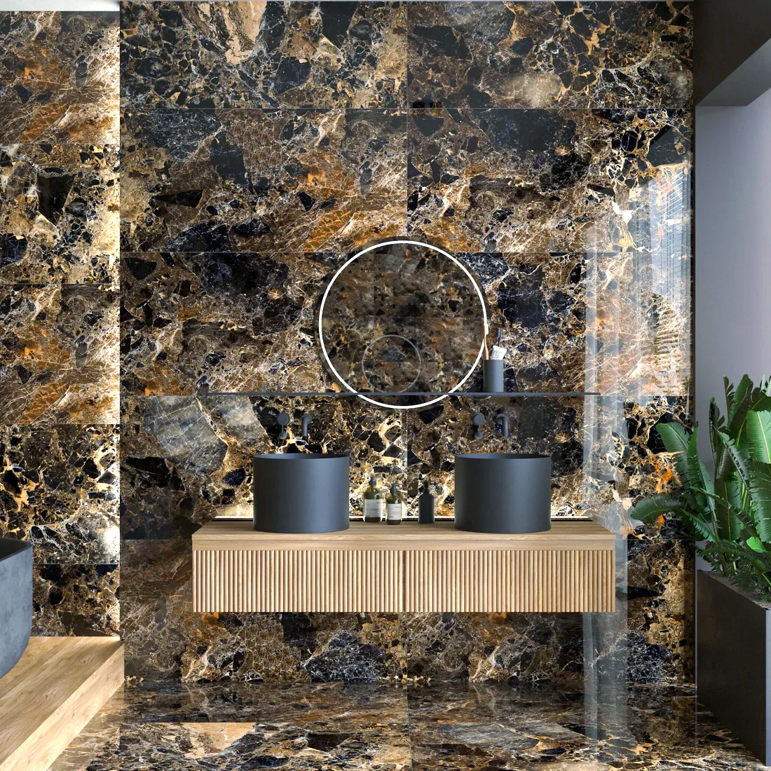 A bathroom with two sinks, a mirror and a marble wall.