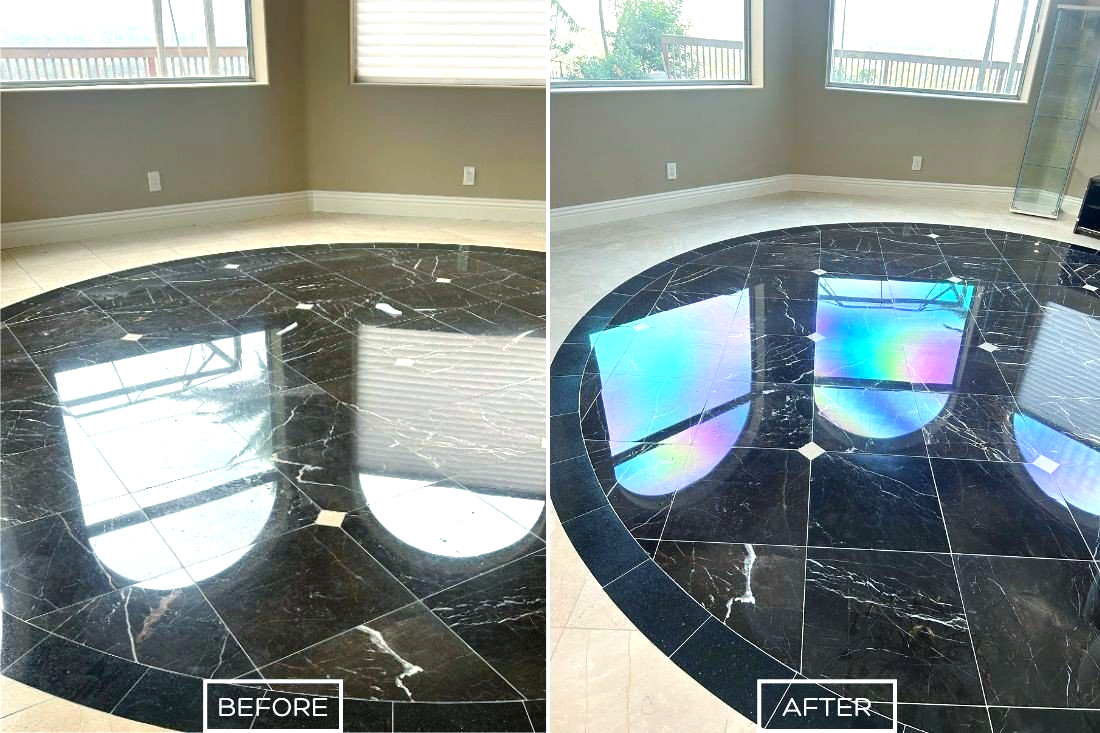 Before and after photos: Black marble floor reflecting rainbows and surroundings after being polished.