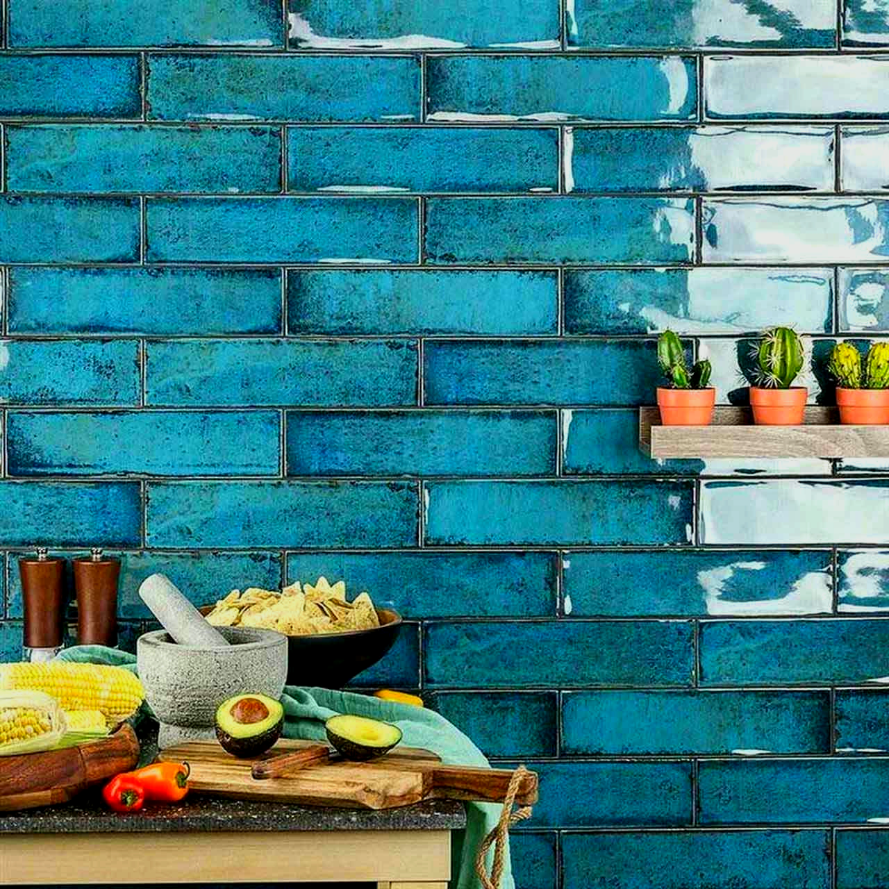 A kitchen counter with blue tiles on the wall and a shelf with cactus on it.