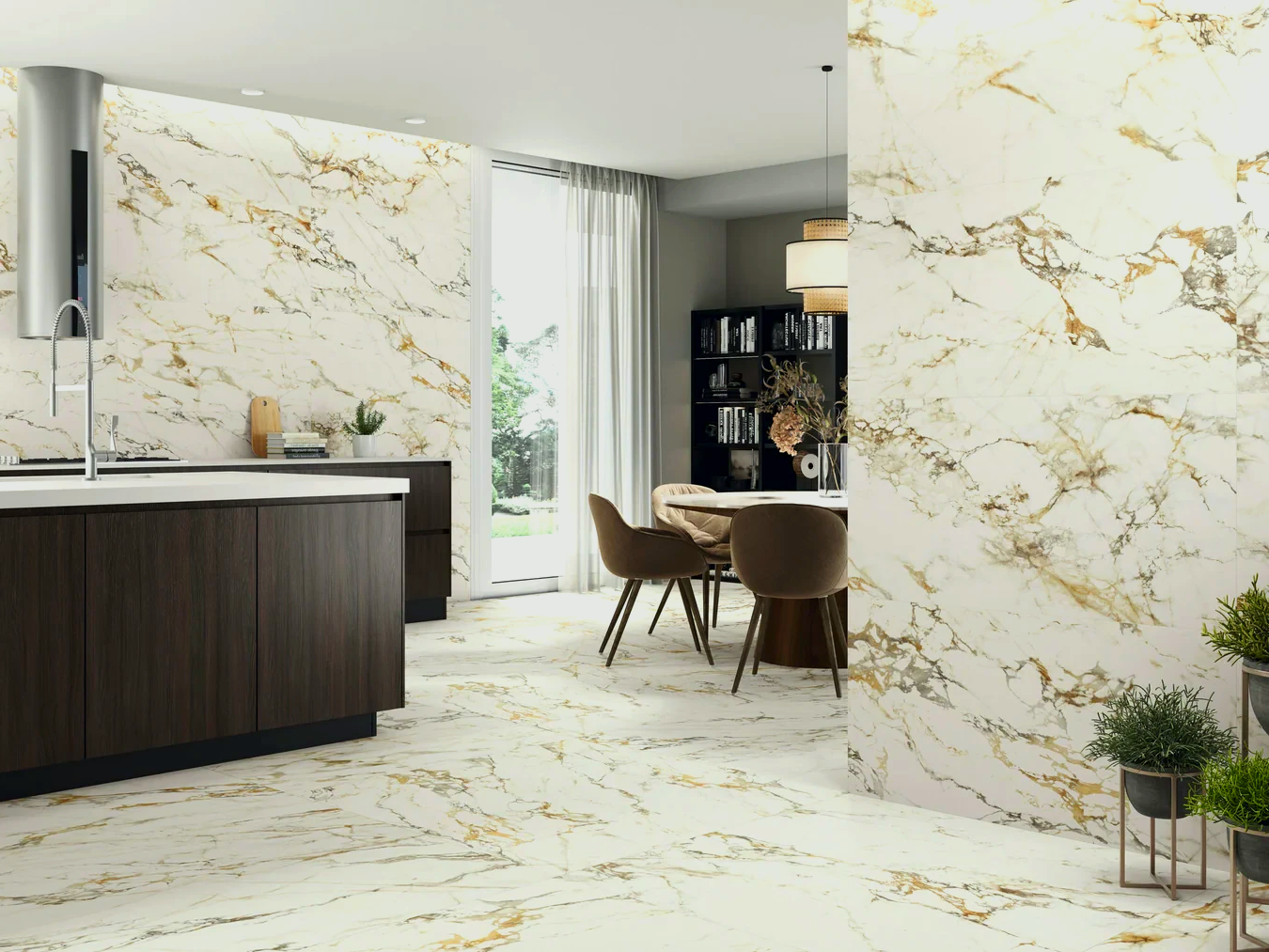 A kitchen with a large marble wall and a dining room with a table and chairs.