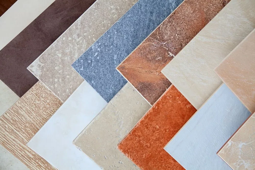 Various colorful ceramic tiles arranged in diagonal rows.