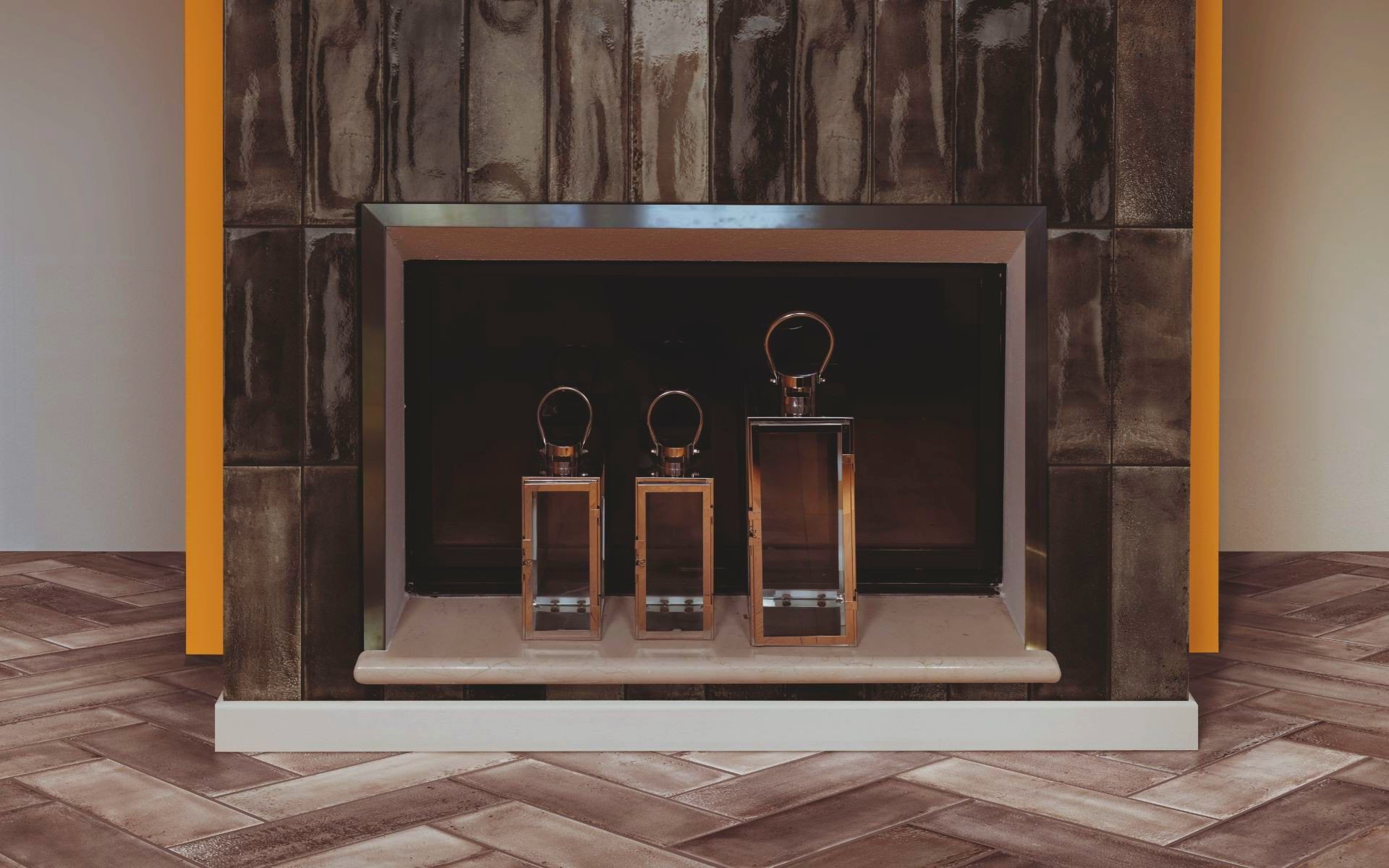 A fireplace with three lanterns on it in a living room.