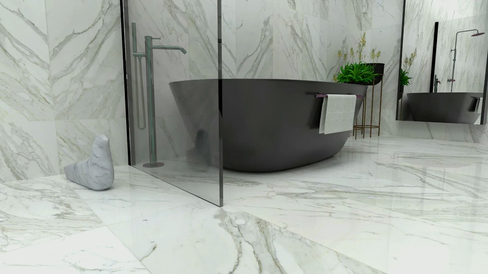 Luxurious modern bathroom with marble walls and flooring, black soaking tub, and glass shower.