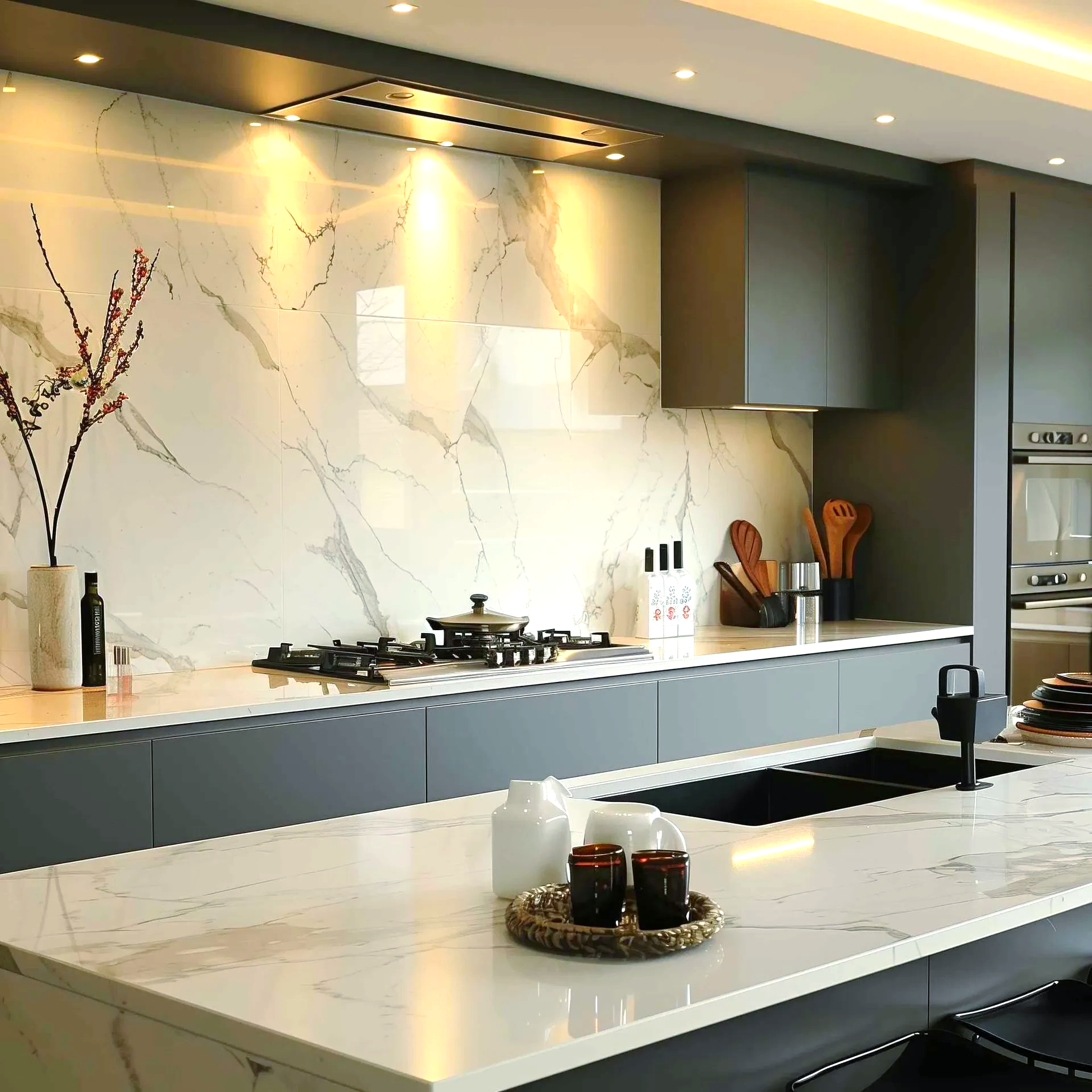 A kitchen with a stove top oven and a sink.