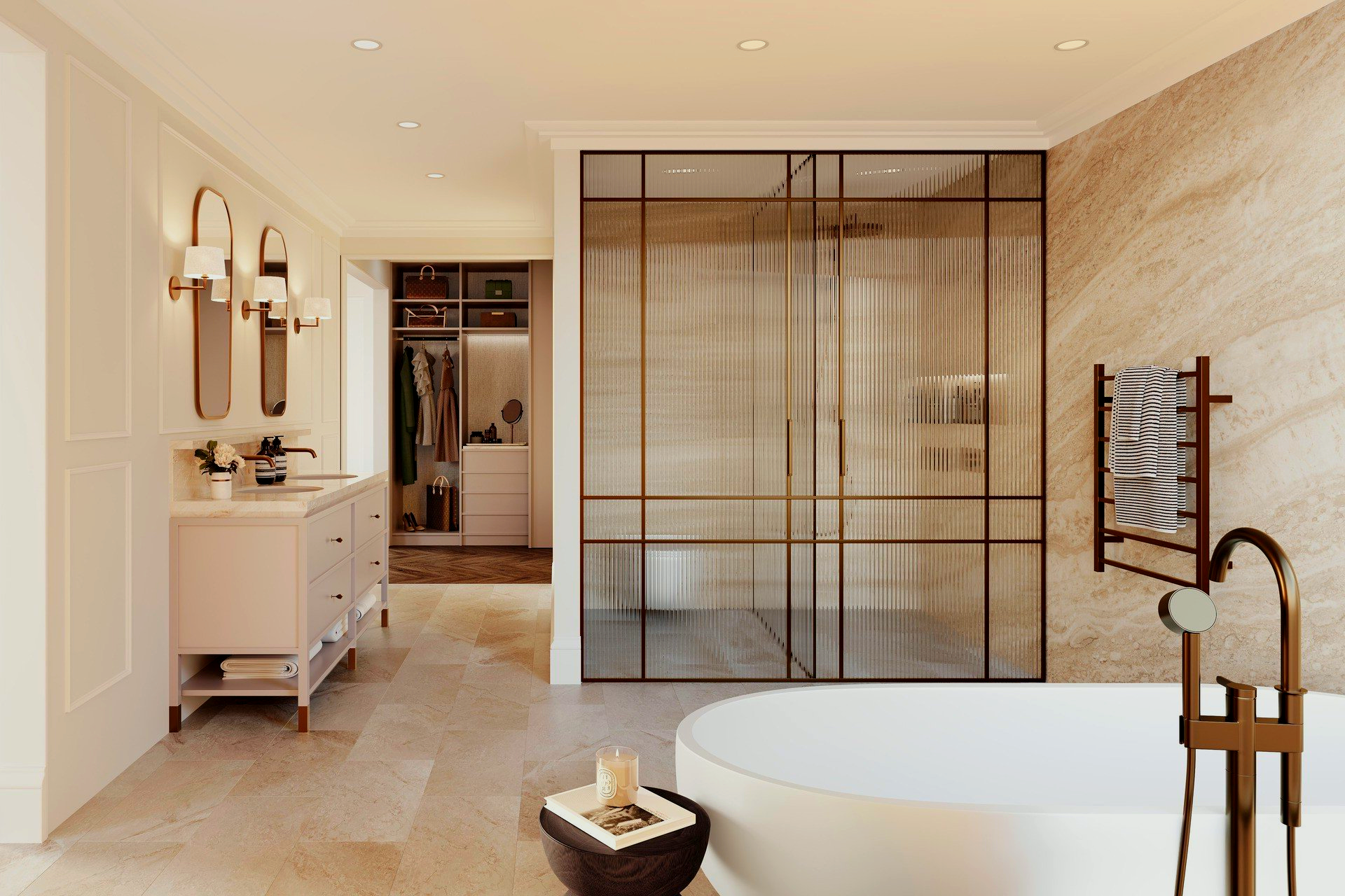 A bathroom with two sinks, a tub, and a walk in closet.