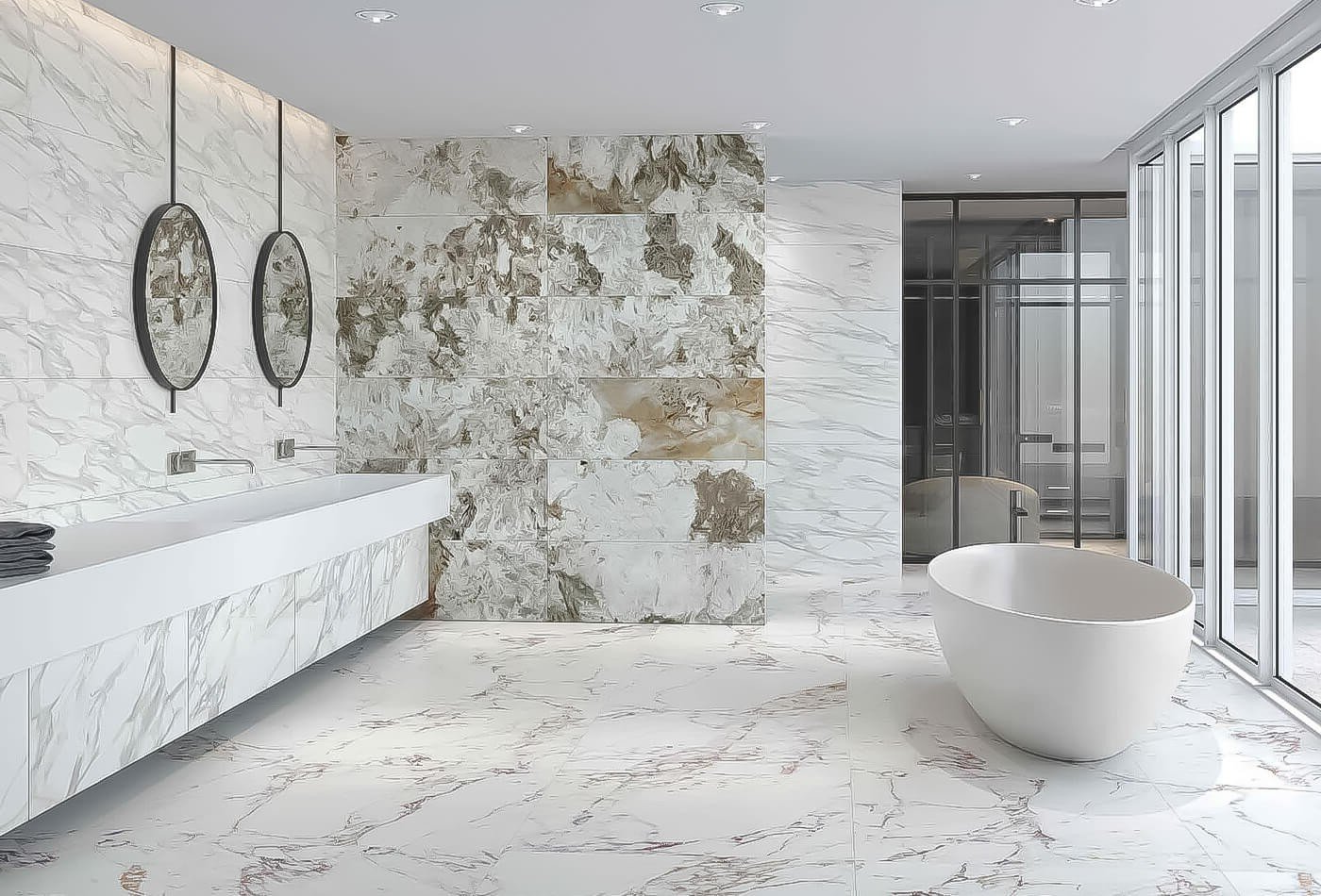 Modern bathroom with white marble walls and floors, large windows, and a freestanding tub.