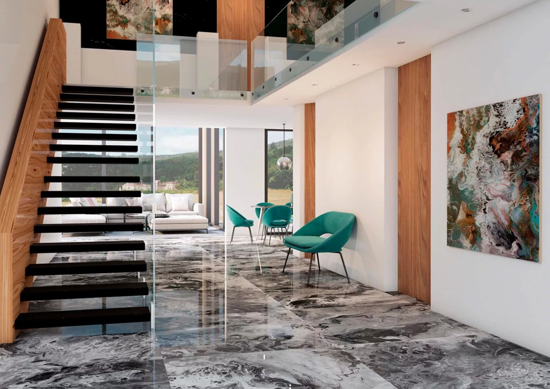 Modern home interior with marble floor, wooden stairs, and abstract art.