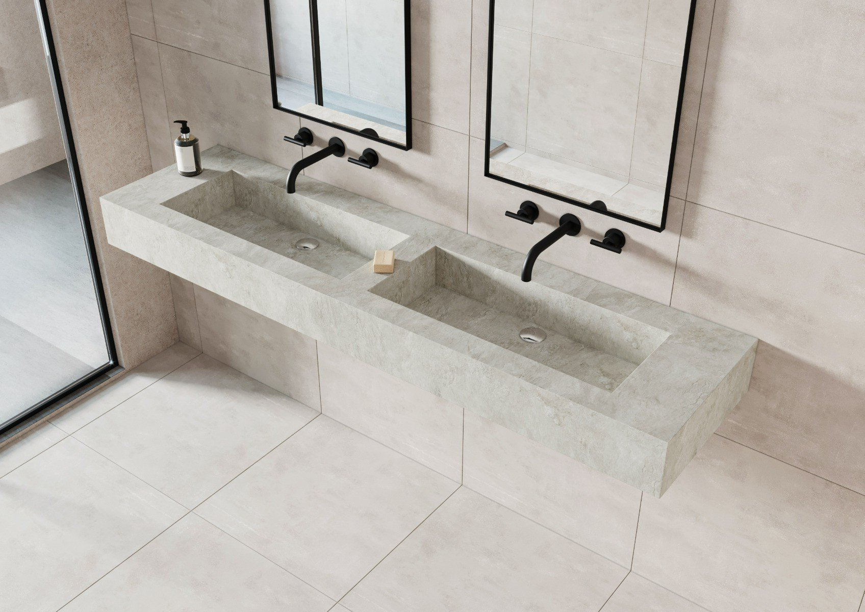 A bathroom with two sinks and two mirrors.