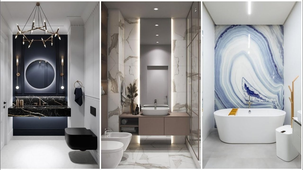 Three luxury bathrooms each with a sink, toilet, and bathtub.