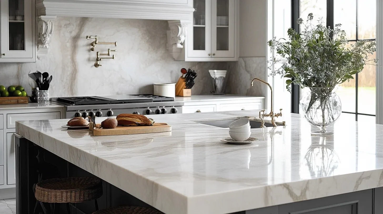 Luxurious white kitchen with marble countertops, island, cabinets, and window.
