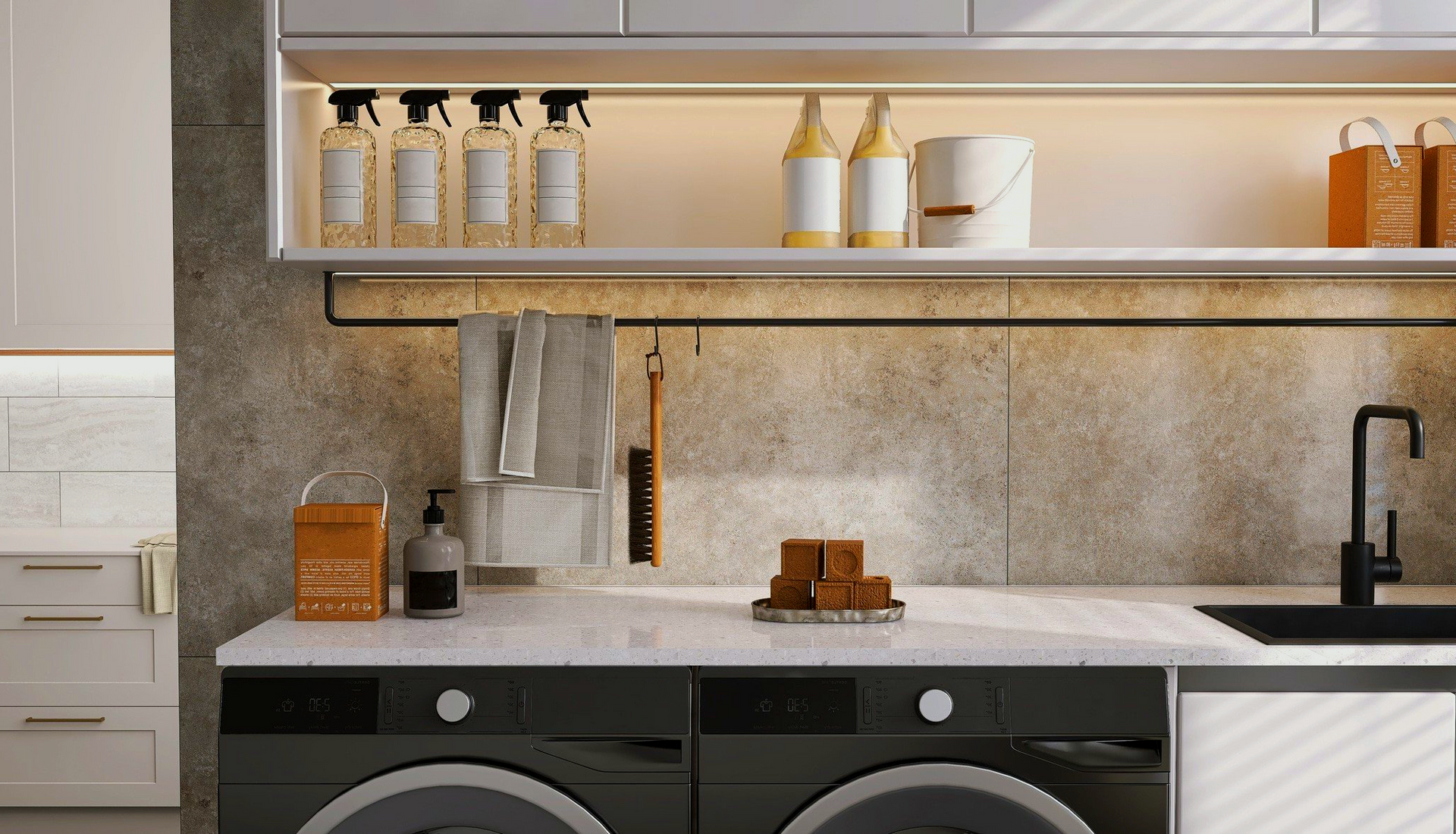 Laundry room with a washer, dryer, and sink; shelves hold supplies.