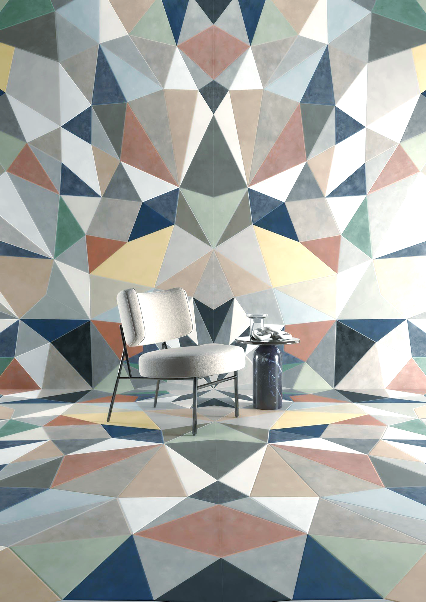 A chair is sitting in front of a wall with geometric shapes on it.
