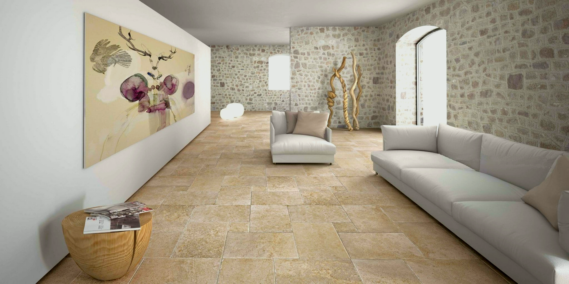 Living room with stone walls, beige couch, and large floral artwork.