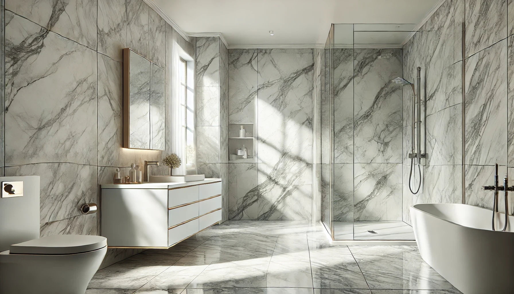 A bathroom with marble walls, a tub, toilet, sink and shower.