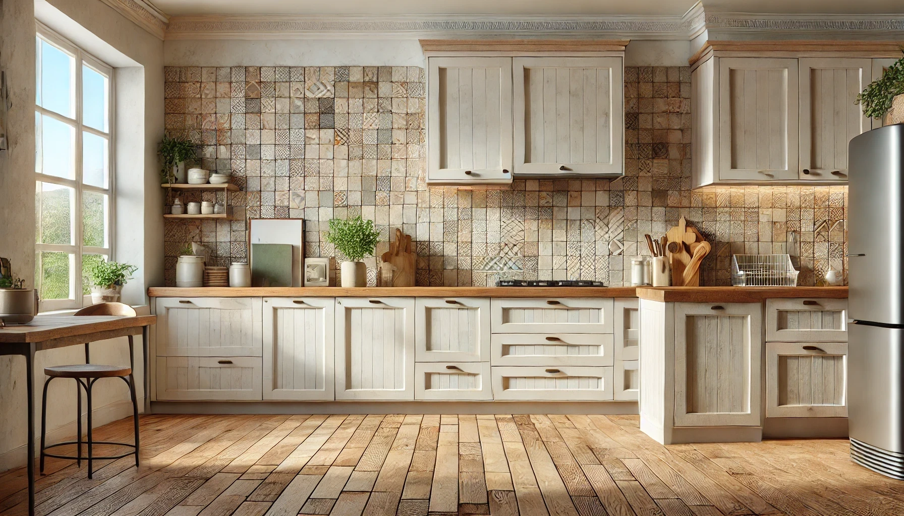 A kitchen with white cabinets and a brick floor.