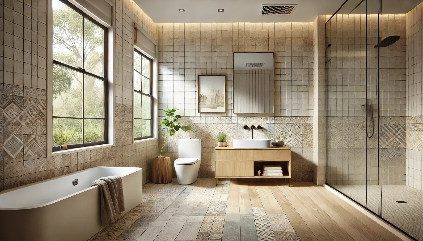 A bathroom with a toilet, sink, bathtub and shower.