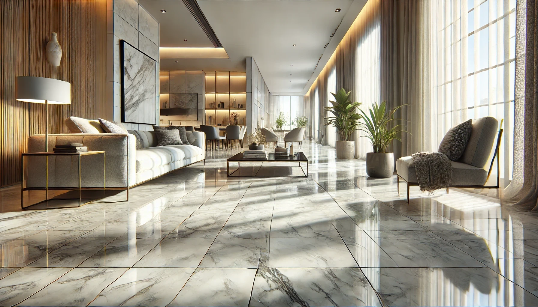 A living room filled with furniture and a marble floor.