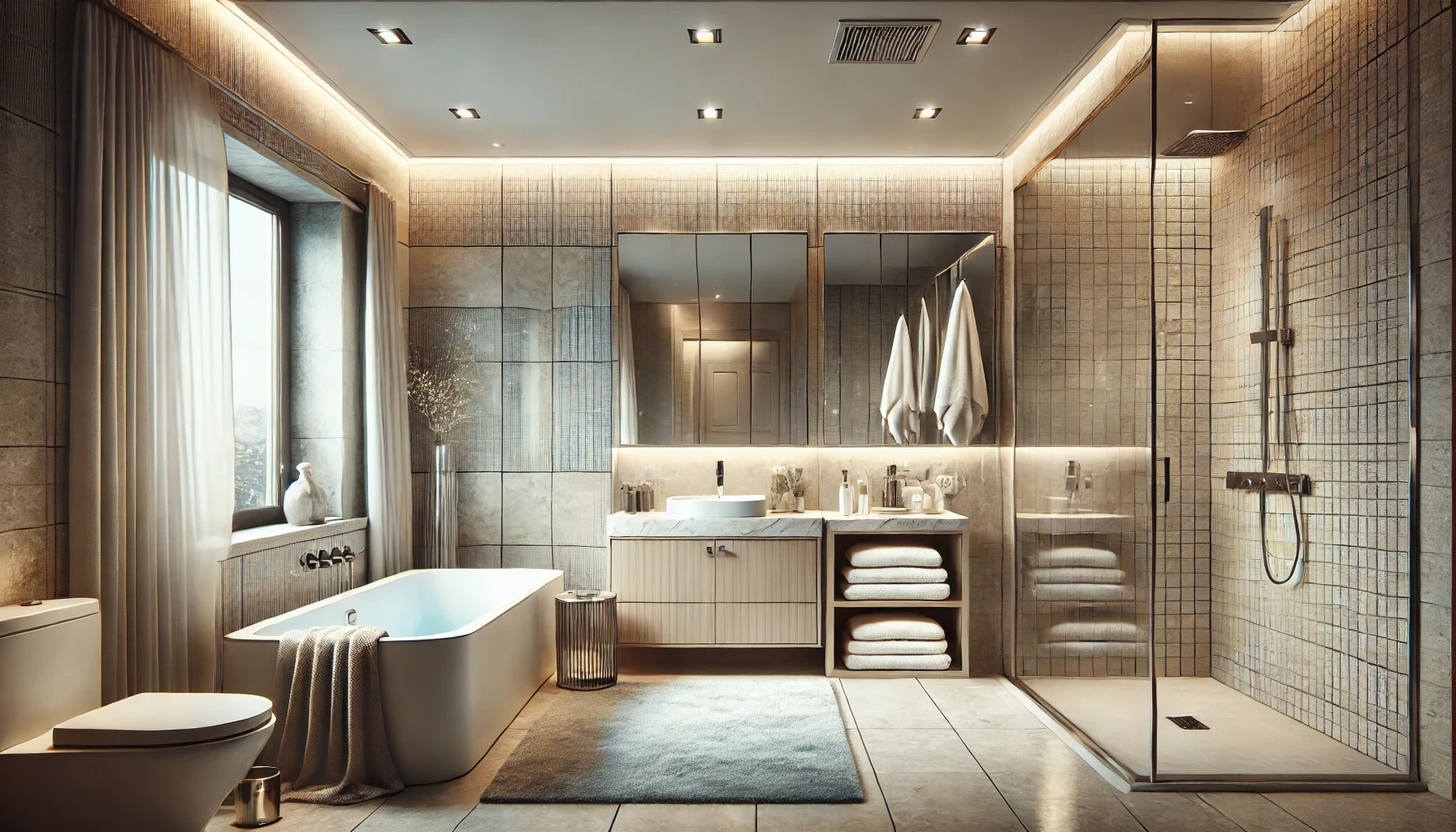 A bathroom with a bathtub, toilet, sink and shower.
