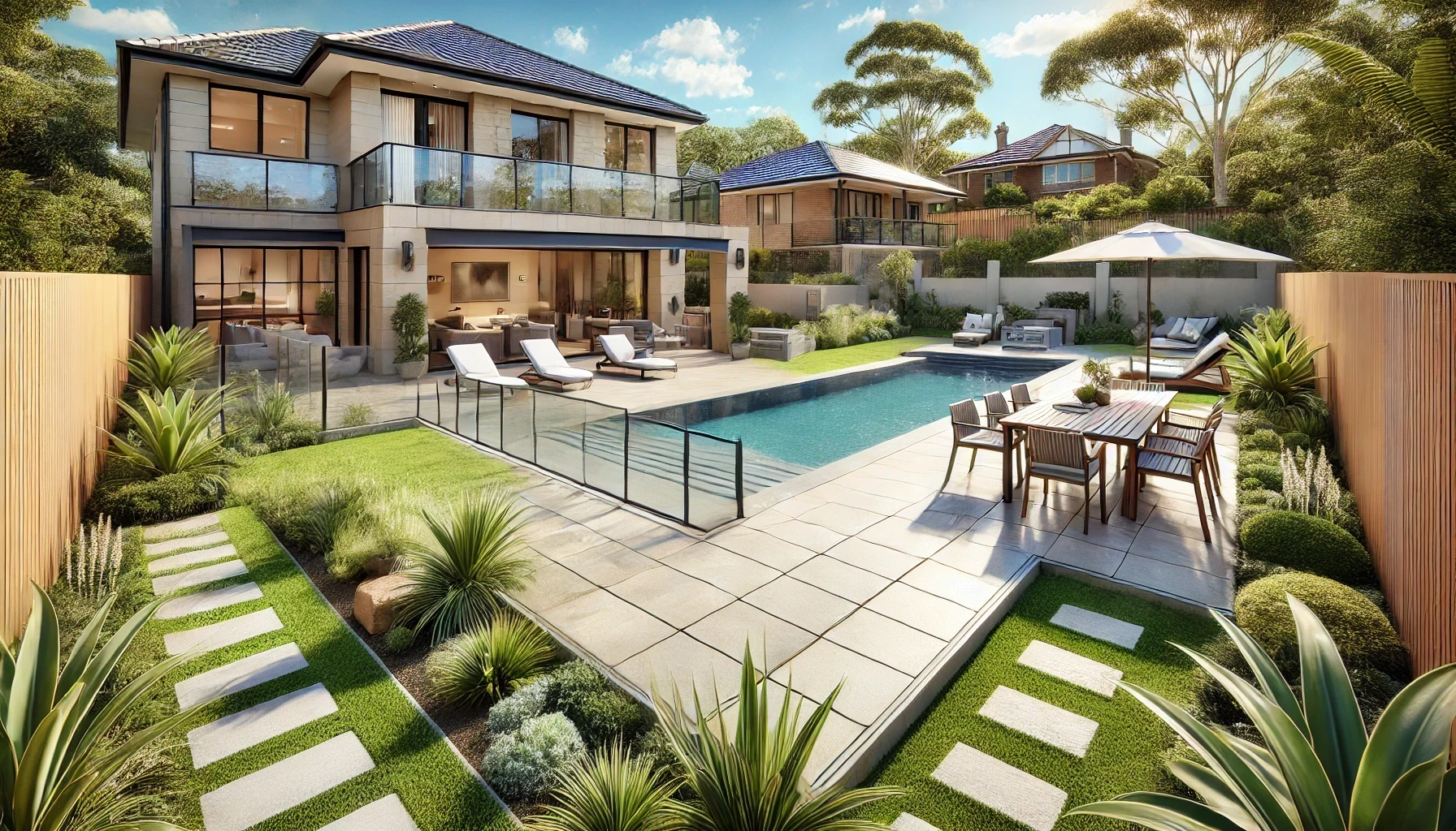 A suburban house with a swimming pool in the backyard and outdoor tiles.