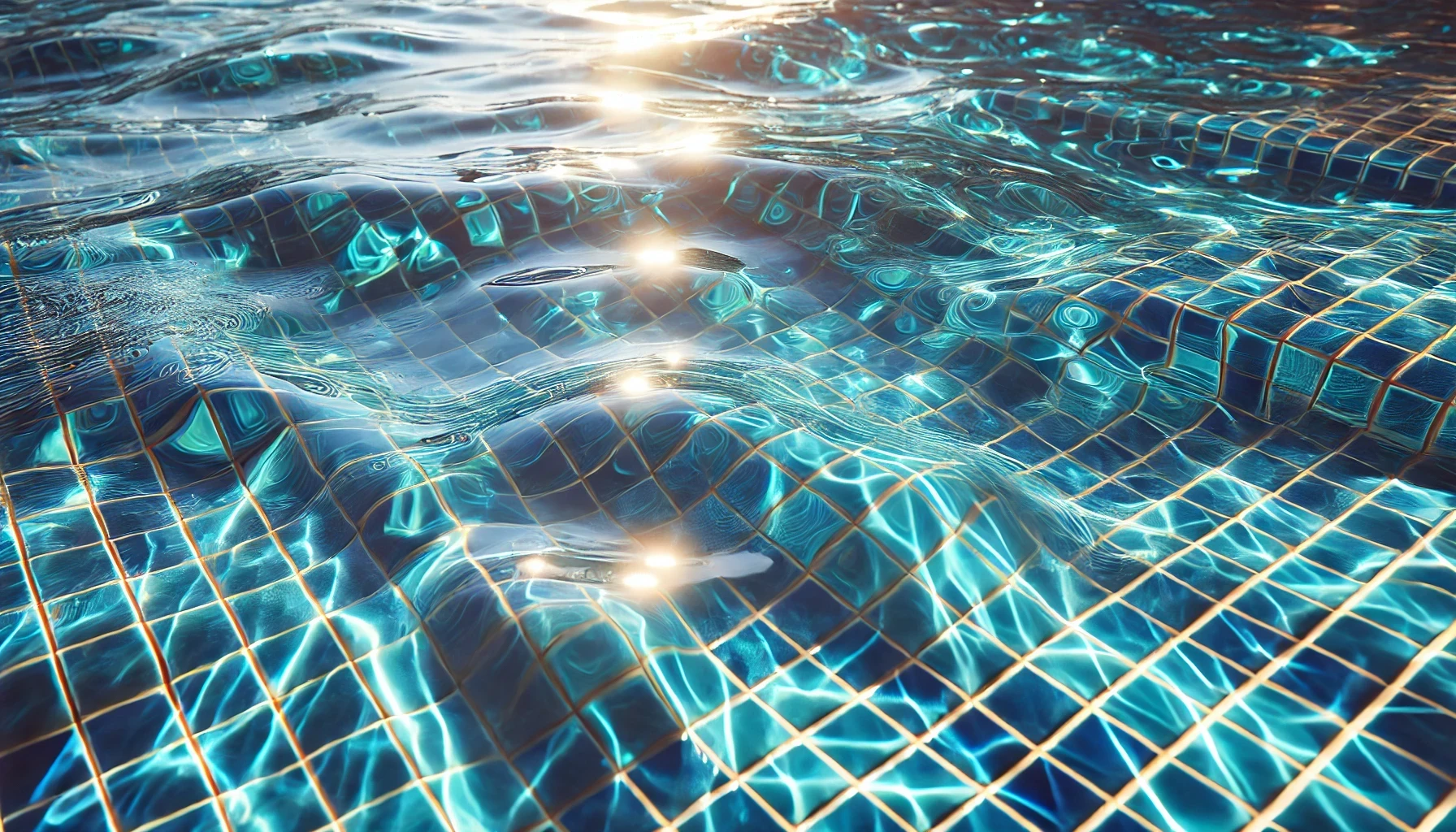 The sun is reflected in the water of a swimming pool.