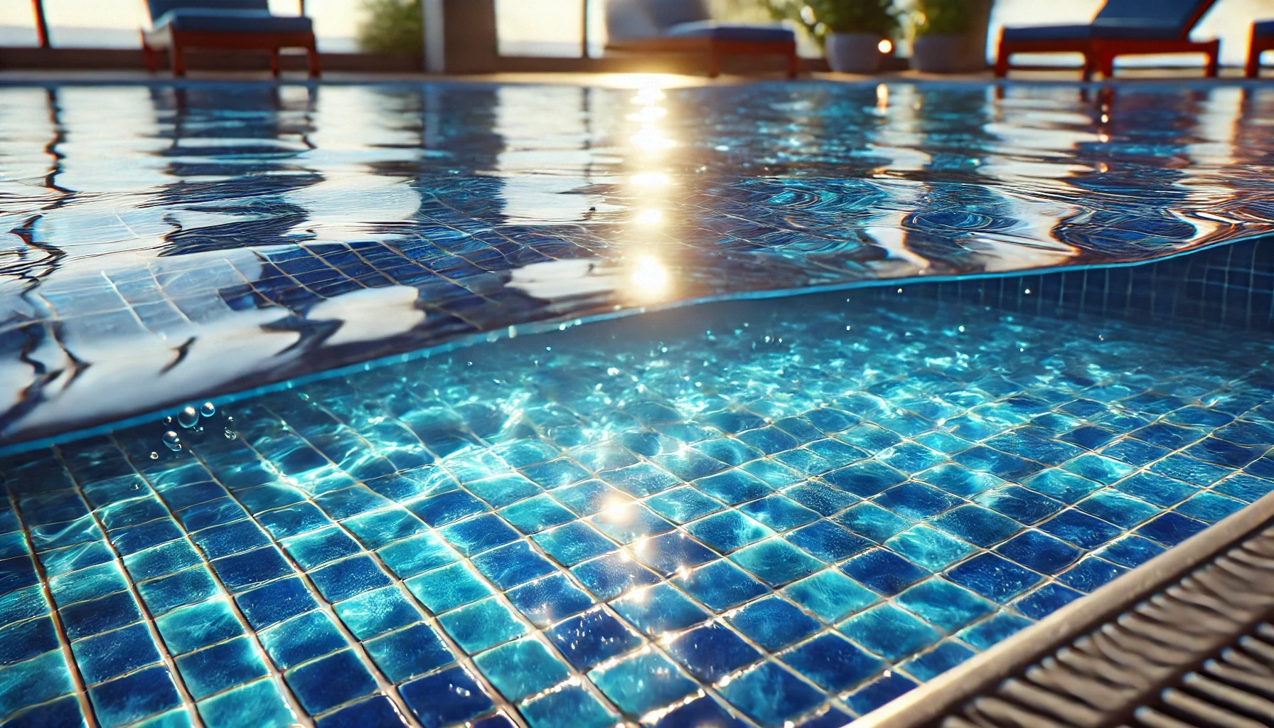 A large swimming pool with blue tiles and chairs around it.