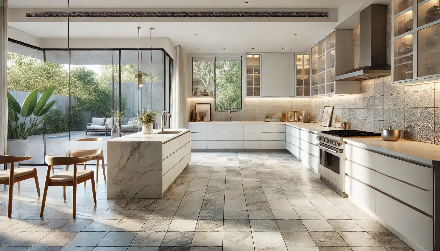 A kitchen with white cabinets, stainless steel appliances and a large island.