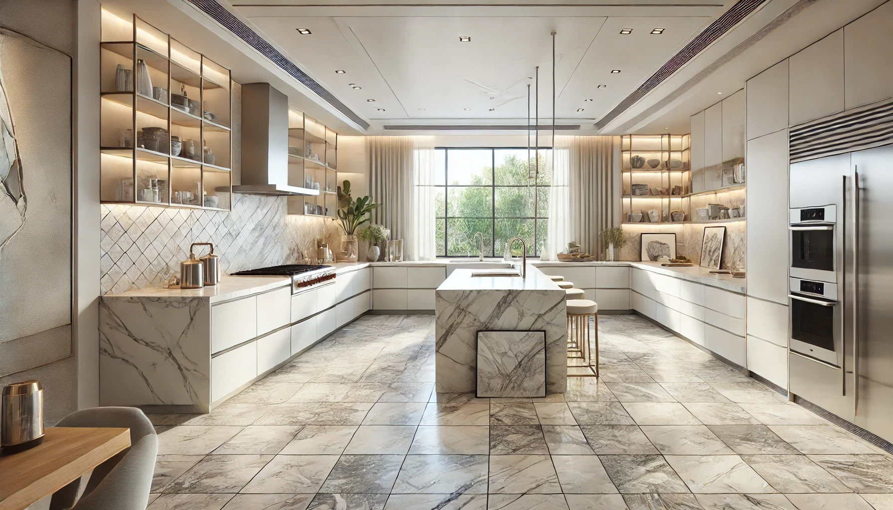 A large kitchen with white cabinets and stainless steel appliances.