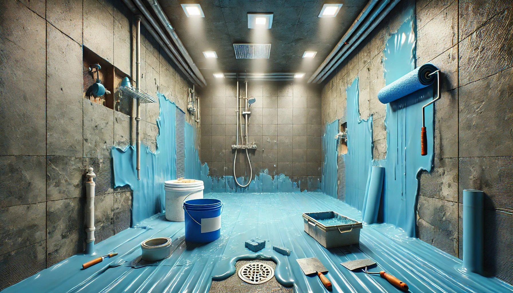 A bathroom under construction with blue tiles and tools on the floor.