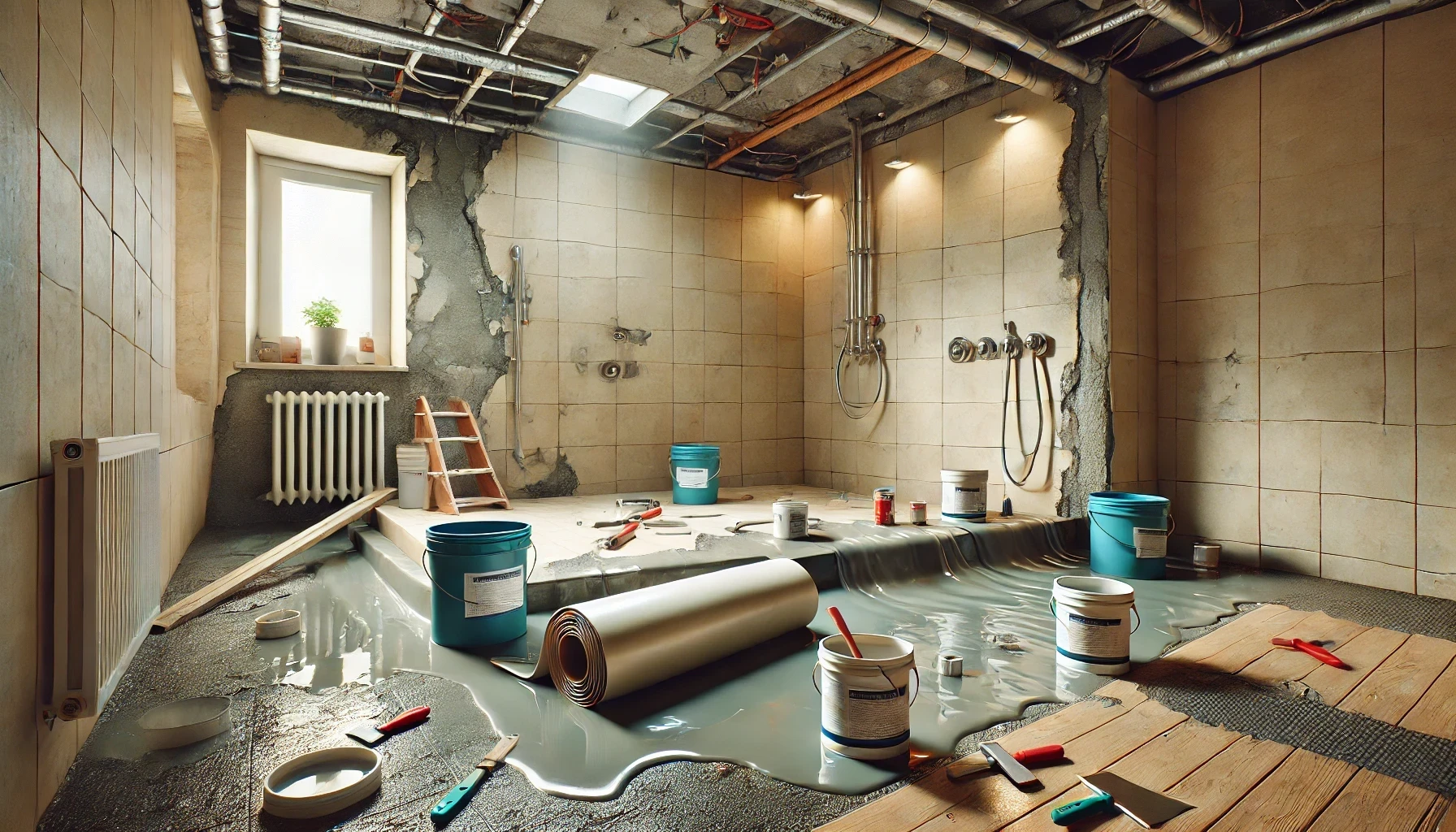 A bathroom under construction with buckets of paint and tools on the floor.