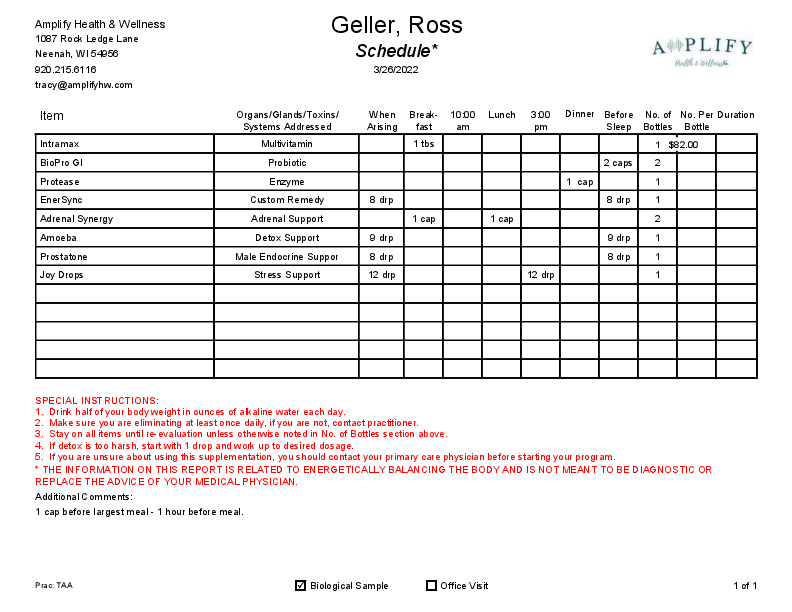 A schedule for geller ross is shown on a white background