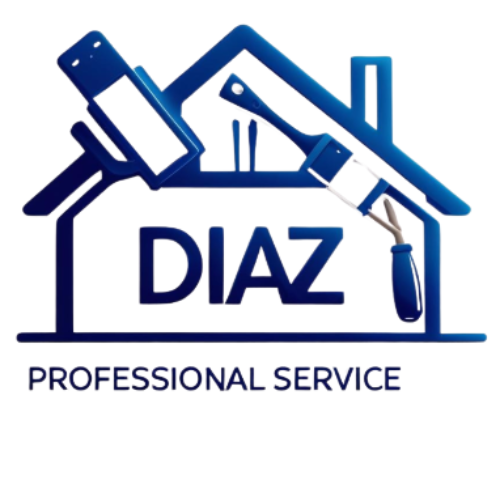Blue logo: house silhouette with tools (caulk gun, paint brush, etc.) and "DIAZ PROFESSIONAL SERVICE" text.
