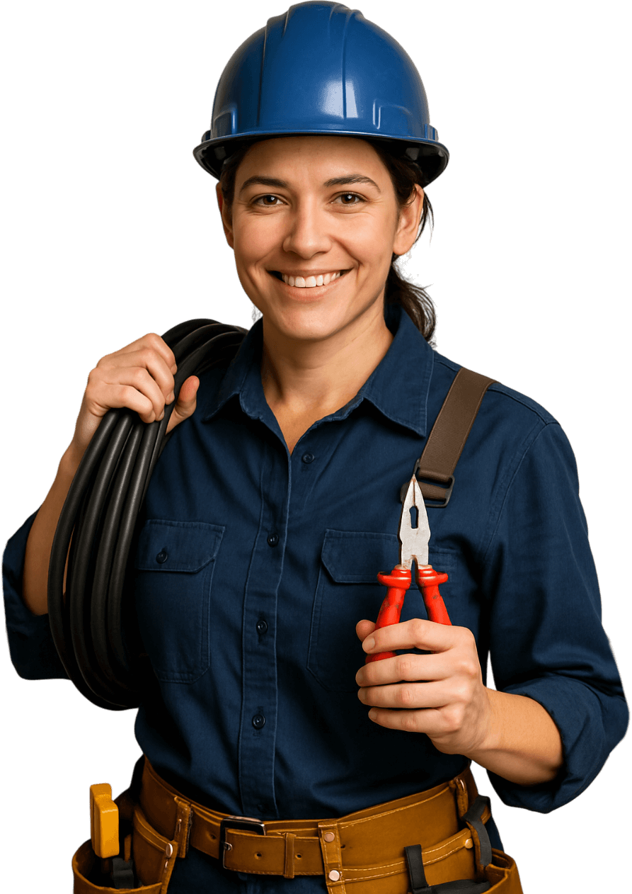 A woman wearing a hard hat is holding a pair of pliers and a wire.