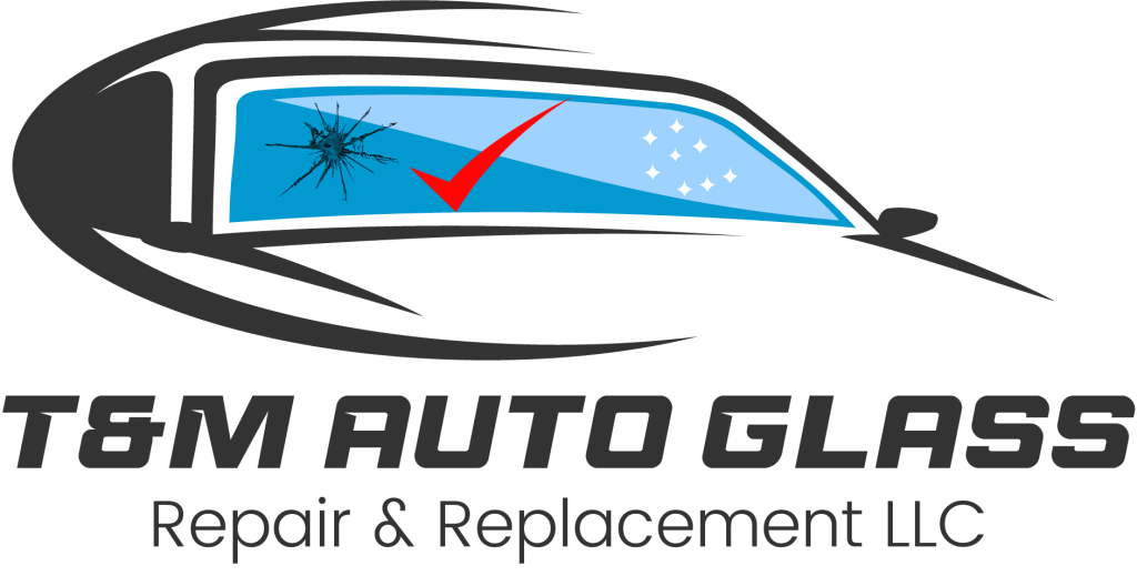 Logo: Car windshield with crack, check mark, "T&M Auto Glass" text.