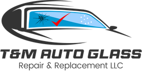 Logo: Car windshield with crack, check mark, "T&M Auto Glass" text.