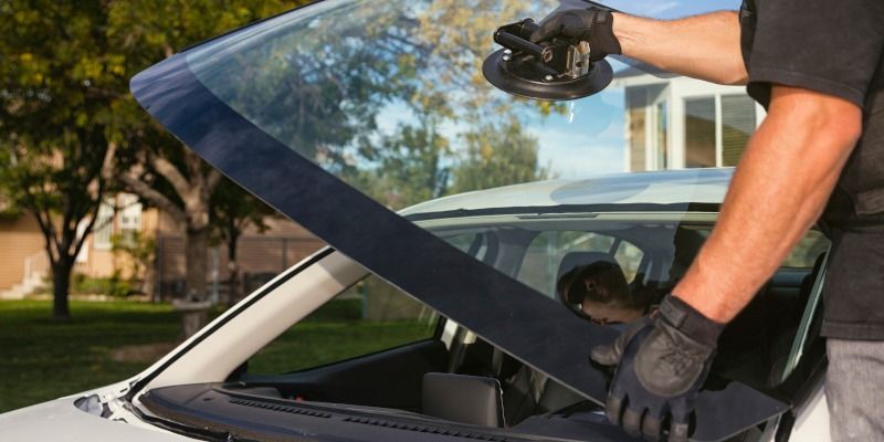 A person installing a car windshield outdoors, using suction cups to lift it.