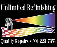 Logo for Unlimited Refinishing: spray gun shooting rainbow colors, text "Quality Repairs" and phone number.
