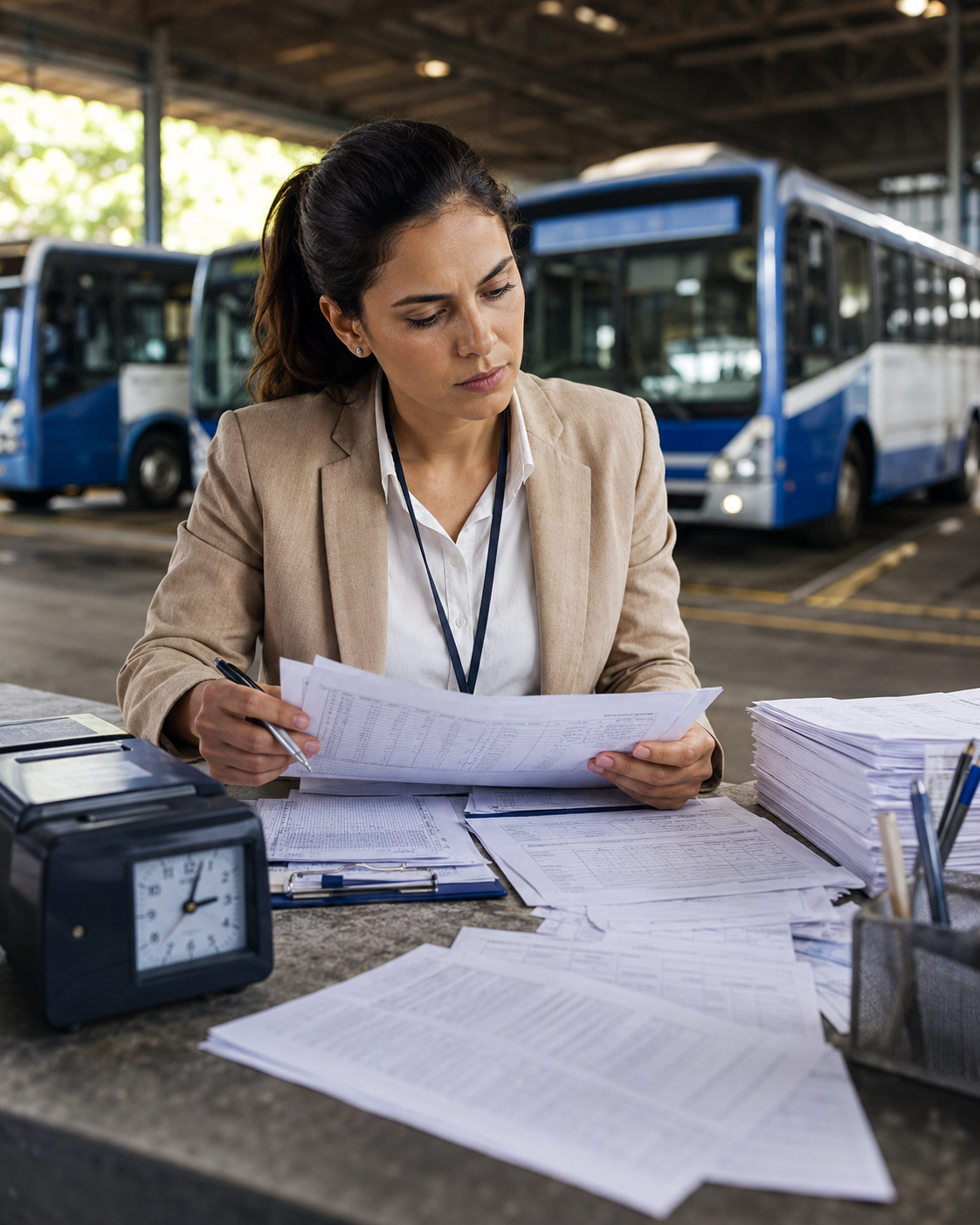 Gestora de RH revisando registros de ponto manual, com falhas e baixa governança