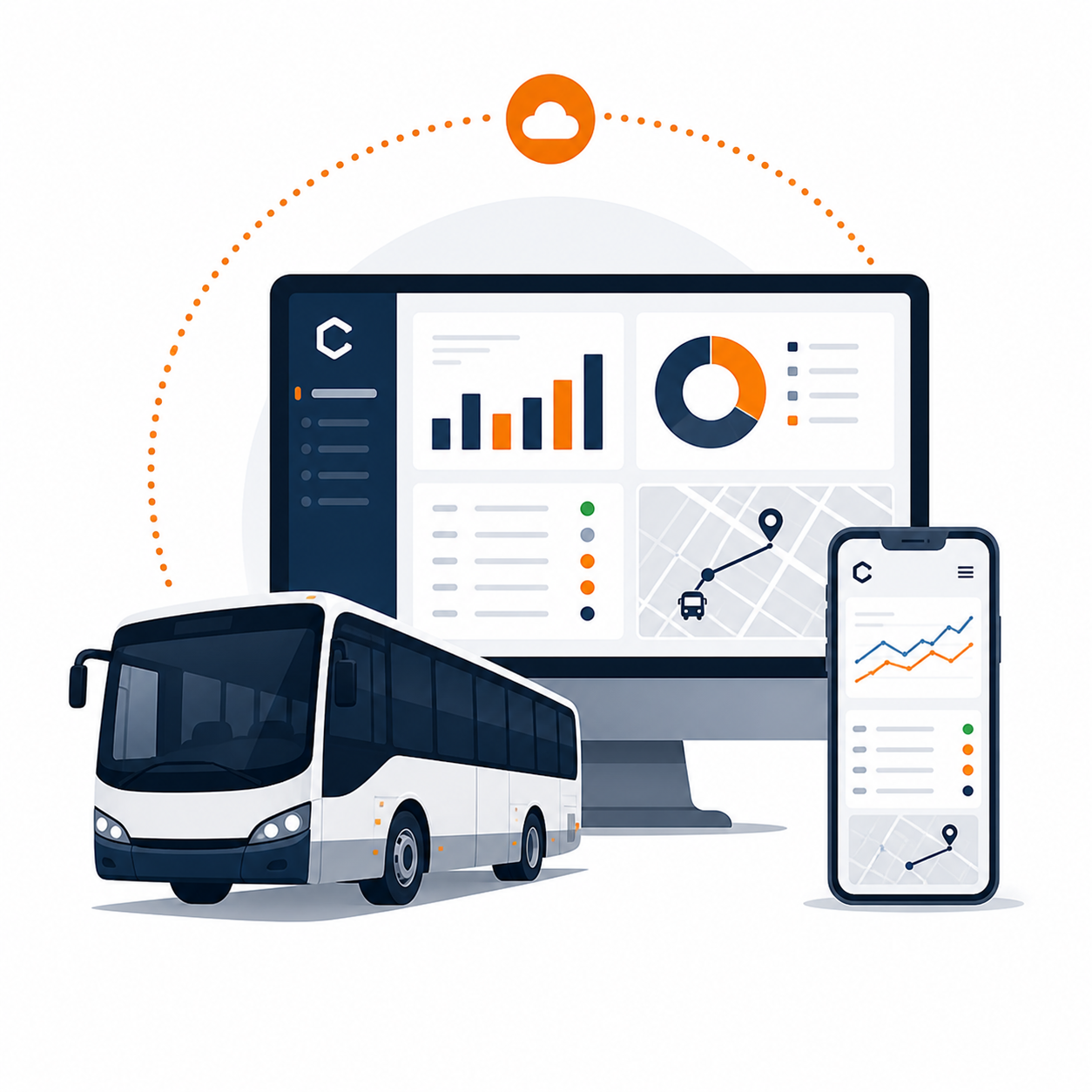 Ilustração sobre o sistema Cittati, incluindo monitores, celulares e sempre relacionado a ônibus e suas garagens. 