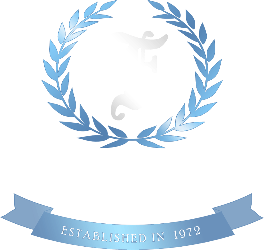 Blue laurel wreath with stylized emblem and banner reading "ESTABLISHED IN 1972."