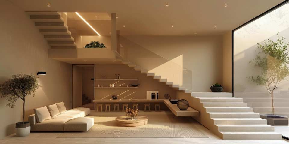 Modern beige living room with a staircase, sofa, and soft natural light