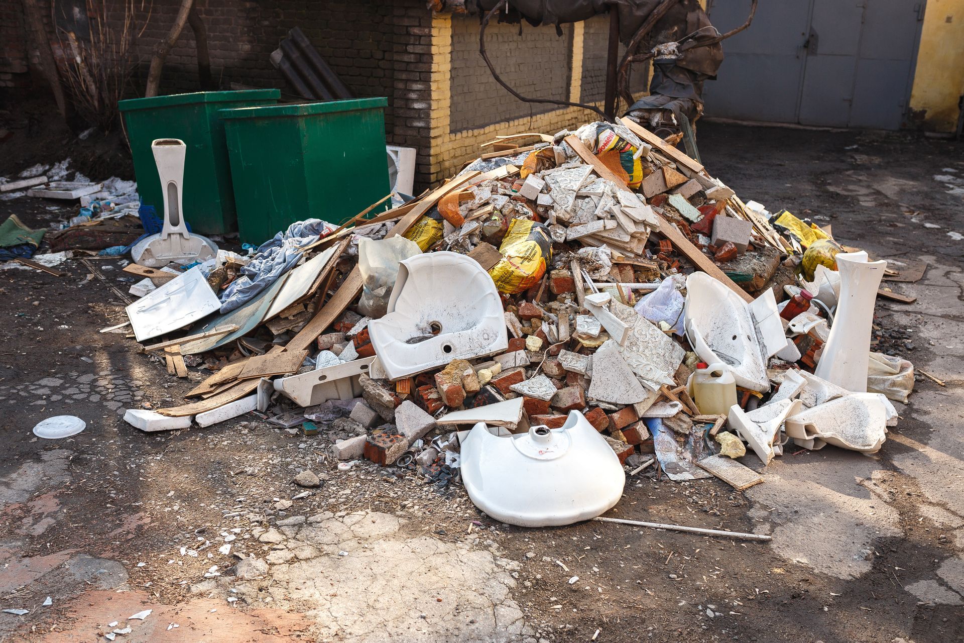 A pile of trash is sitting on the ground in a parking lot.