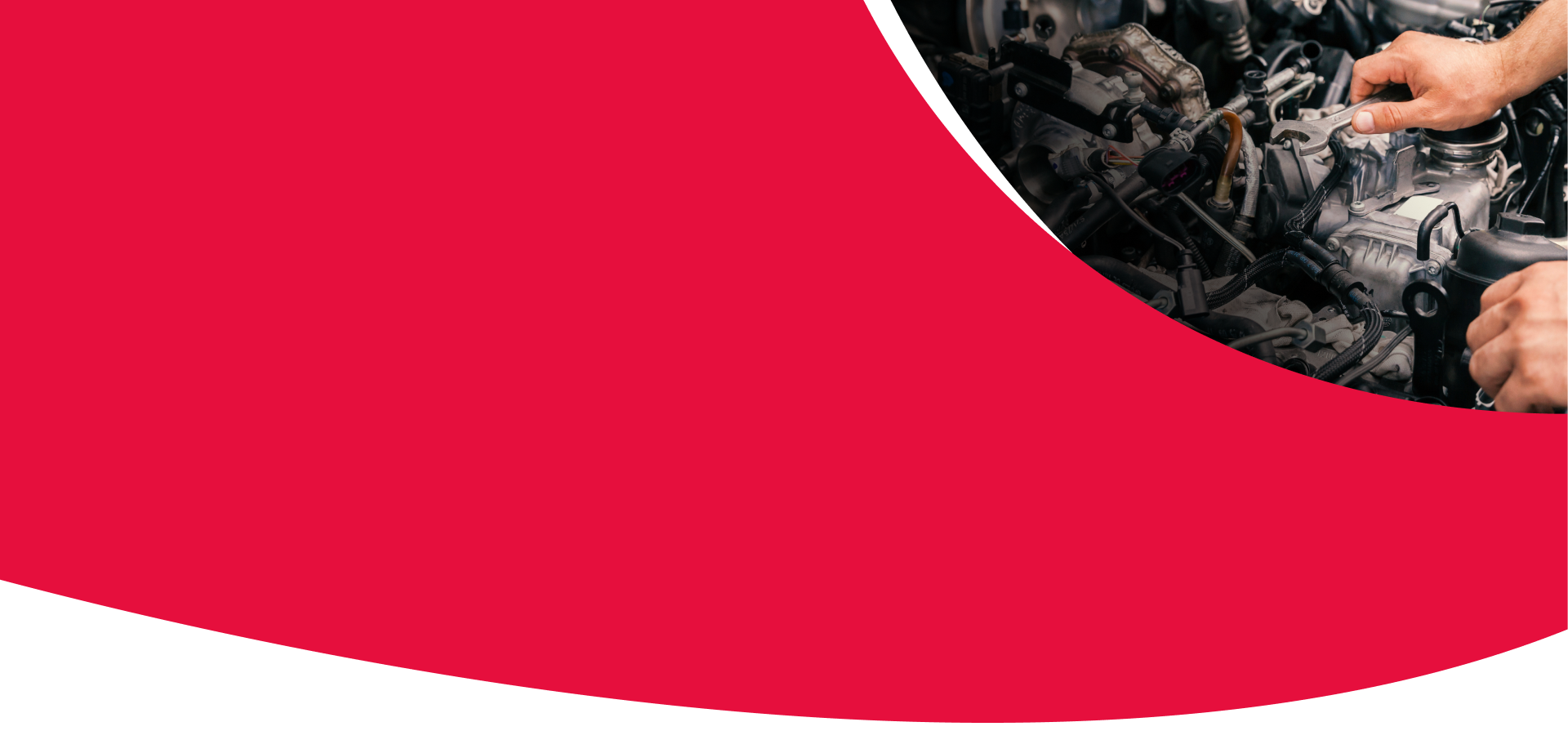 Hands working on a car engine; red curved background - Snap Towing & Recovery