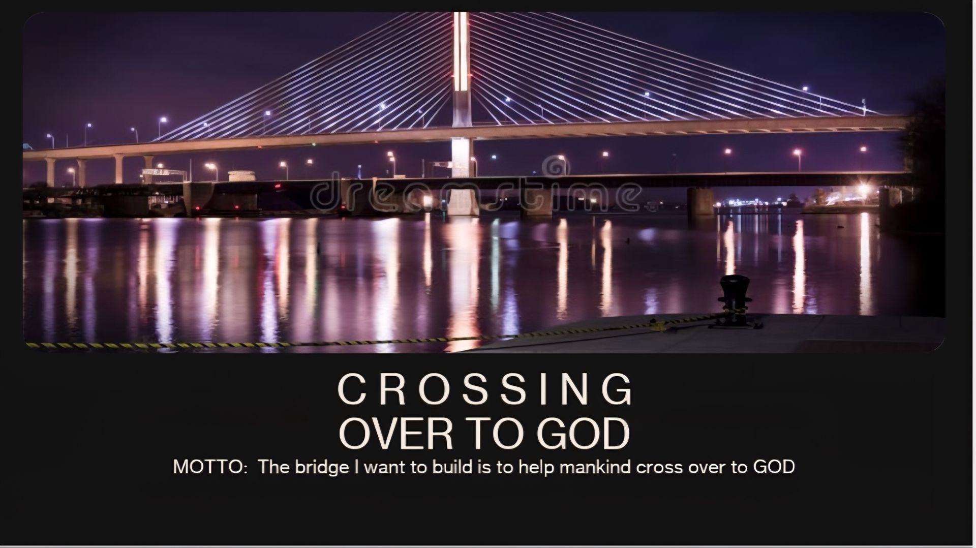 A nighttime view of a cable-stayed bridge over water with text that reads, 