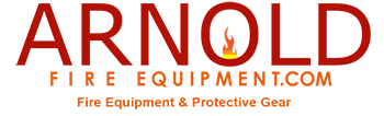 Logo for Arnold Fire Equipment, featuring red text with a fire icon in the 'O', and the tagline