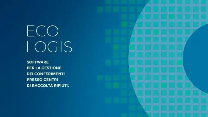 Logo del software ECO LOGIS: testo bianco su sfondo blu. Motivo a quadrati e cerchi color verde acqua.