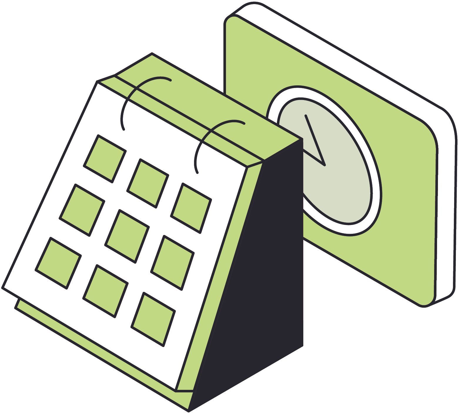 A cartoon illustration of a calendar and a clock.